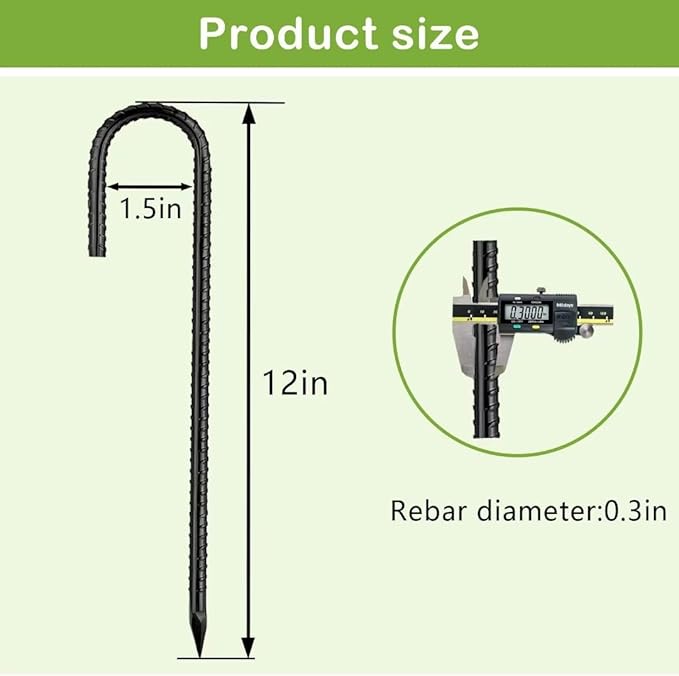 Rebar-Stakes-12-Inch, Ground Stakes Heavy Duty J-Hook Black Coated Anti-Rust Heavy Duty Ground Anchors for Garden Dog Fence Chicken Coop Christmas Decorations Deer Fence 12pcs