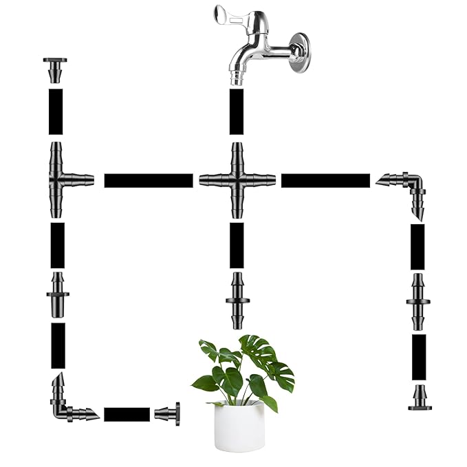 300 Pcs Barbed Connectors Drip Irrigation Fittings Kit, 1/4" Drip Irrigation Kit for Garden Flower Pot Greenhouse Lawn (Straight Barbs,Single Barbs,Tees,Elbows,End Plug,4-Way Coupling)