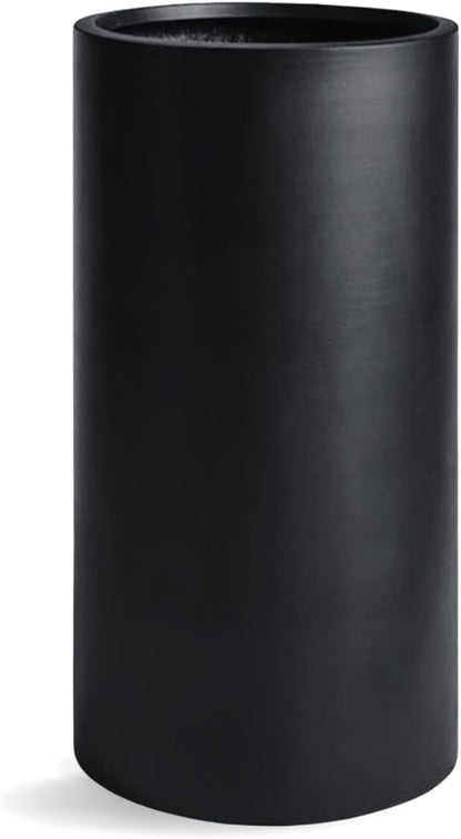 19.5"H x 9.8"D Tubo Fiberstone Cylinder Tall Planter with Drainage Hole, Smooth Finishes, Weather Resistant for Indoor and Outdoor Use, Included 2 Extra Coco Mats (Black, 8.2" Pot Opening)