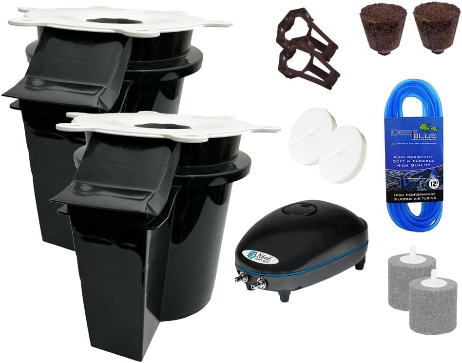 DWC Hydroponics Grow System, 5-Gallon Deep Water Culture, Air Hose, Air Pump, and Air Stone (2)