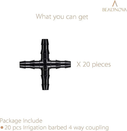 BEADNOVA Drip Irrigation Connectors 20 Pcs 1/4 Inch Barbed 4 Way Couplings Irrigation Connectors for 1/4 Inch Drip Tubing Water Tubing Gardening Supplies (20pcs)