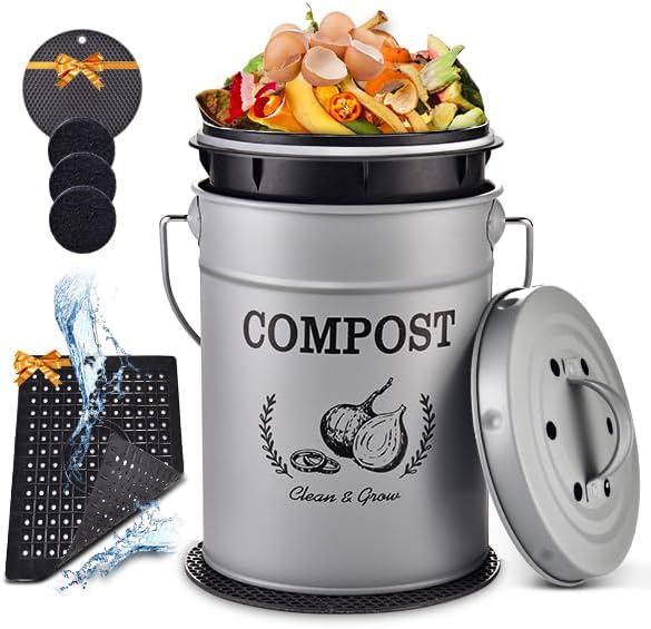 AOSION Countertop Compost Bin Kitchen,Odorless Indoor Compost Bin with Lid and Compost Bags,Compost Bucket Composter Container for Food Waste,Grey