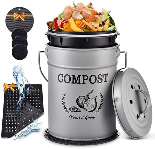 AOSION Countertop Compost Bin Kitchen,Odorless Indoor Compost Bin with Lid and Compost Bags,Compost Bucket Composter Container for Food Waste,Grey