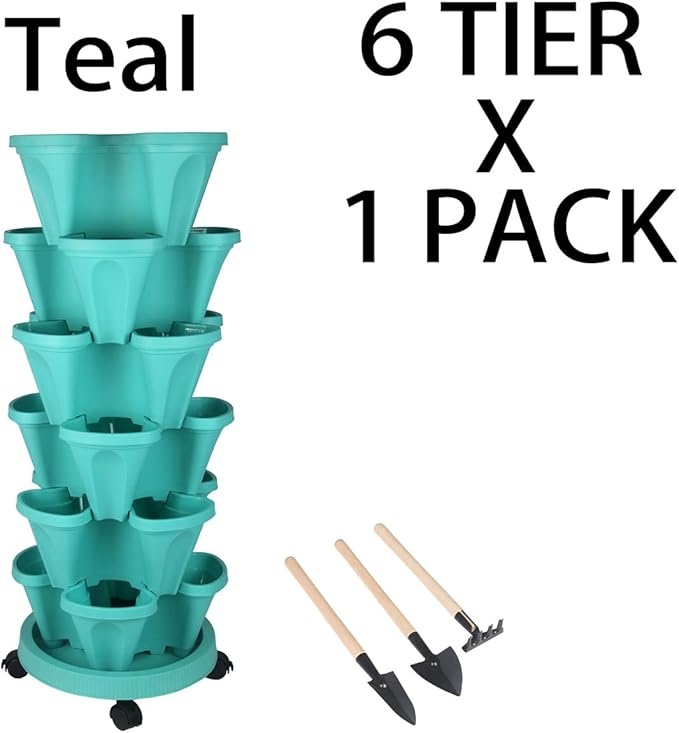 Vertical Planter 6 Tier Stackable Planters Garden Planters Strawberry Herb Flower and Vegetable Planter Indoor Outdoor Gardening Pots with Removable Wheels and Tools