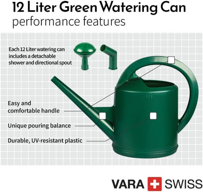Consolidated Plastics Durable Swiss Watering Can with UV Protection, Ergonomic Handle for Indoor/Outdoor Gardening, Made in Switzerland (12 Liter, Green)