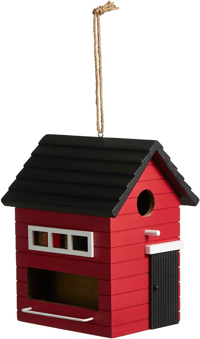Glitzhome Wooden Bird Houses, Hand Painted Hanging Bird House for Outdoors,10.25" H Modern Functional and Decorative Outdoor Garden Birdhouse for Finch Bluebird Cardinals Swallow Wren Chickadee, Red