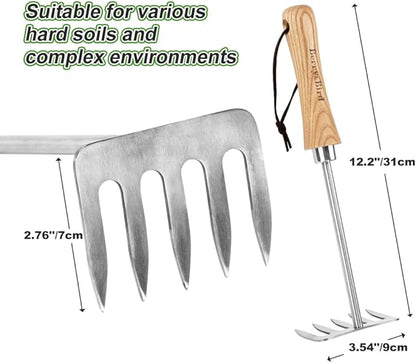 Berry&Bird Premium Hand Rake for Gardening, 5 Tines Hand Tiller Hand Cultivator Small Rake Garden Tool with Wood Handle, Ideal Garden Hand Tools for Digging, Aerating, Weeding and Loosening Soil