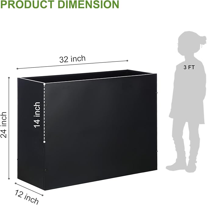 Metal Rectangular Planter Box Tall Planters for Outdoor Plants Modern Heavy Duty with Drainage Holes for Outside Indoor Patio Deck - Black, 32”x 12”x 24”