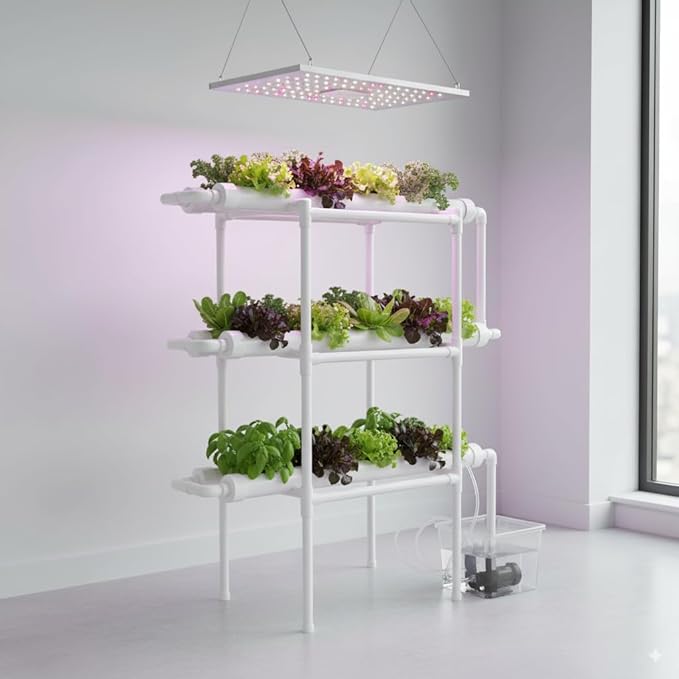 Hydroponic Grow Kit, 3 Layer 108 Plant Sites 12 Food-Grade PVC-U Pipes Hydroponics Planting System with Water Pump, Pump Timer, Nest Basket and Sponge for Leafy Vegetables