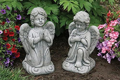 Massarelli's Sweet Blessings Angel Statue Combo - 2-Pack - 'Roses' & 'Praying' - Beautiful, Adorable Patio & Garden Cast Stone Sculptures