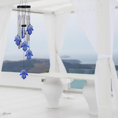 Blue Evil Eye Hamsa Hand Wind Chimes Outdoor Decoration, Hand of Fatima Windcatcher, Evil Eye Wind Bells, Hand of Fatima Blue Evil Eye Amulet Wind Chimes for Home, Gift for Mom, Balcony, Patio, Garden