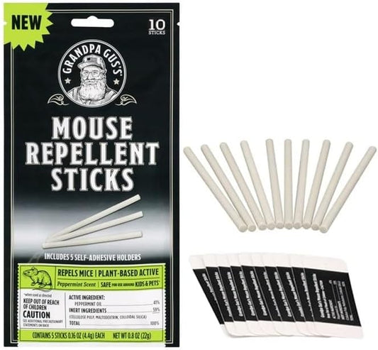 Grandpa Gus's Natural Mouse Repellent Stick, Patented Delivery of Concentrate Peppermint Scent, Plant-Based, Humane Rodent Repellent for Home, Campers & RVs, Pack of 10