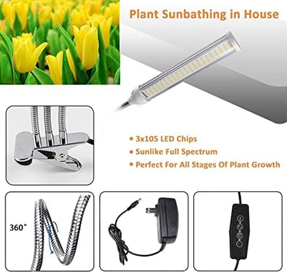 ELITUN LED Grow Light for Indoor Plants, Full Spectrum Plant-Growing Lamp with 315 LED Lamp Beads,5 Dimmable Levels & 3 Modes Timing Function, Auto On/Off (3 Heads Light)