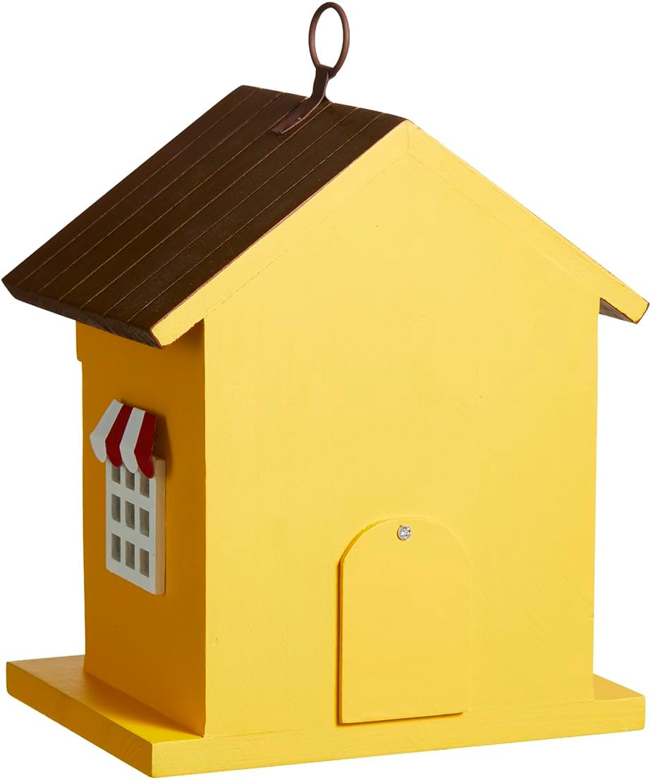 Glitzhome Birdhouses for Outdoors,Solid Wood Hanging Bird Houses for Outside, 9.5" H Modern General Store Decorative Pet Cottage Outdoor Garden Birdhouse for Outdoor Patio,Yellow