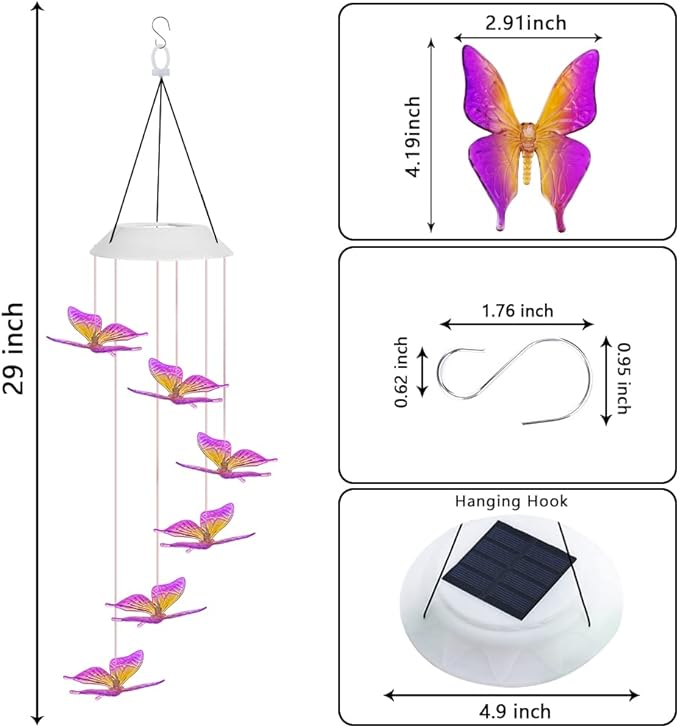 Fohil Solar Butterfly Wind Chimes, Color Changing Solar Wind Chimes for Outside, LED Waterproof Solar Powered Hanging Lights Outdoor Valentine Decorations, Gifts for Women Mom Grandma