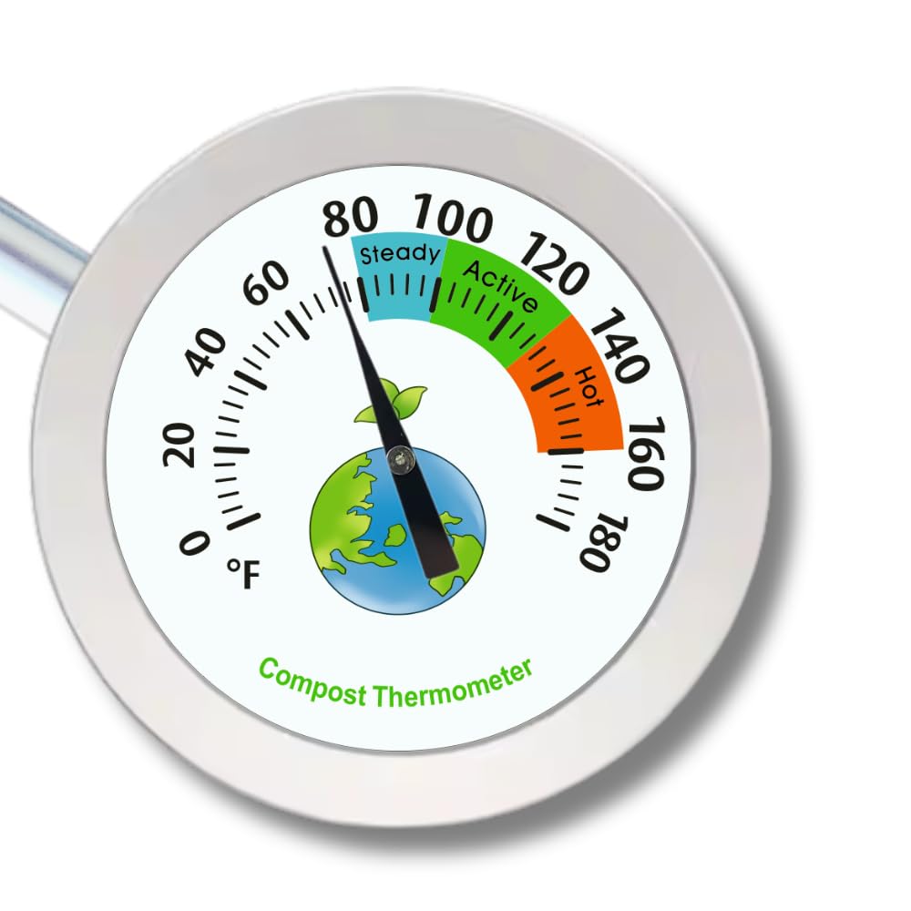 20 Inch Compost Soil Thermometer 0-180° Fahrenheit Backyard Stainless Steel Stem for Composting Bins Outdoor Gardening Planting Easy-to-Read 2.1” Dial Display