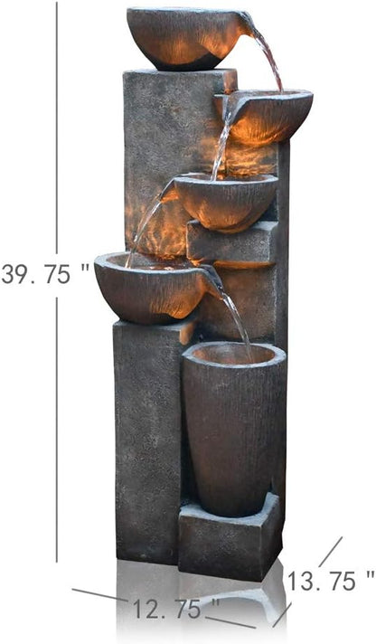 SunJet 5-Tier Outdoor Water Fountain Resin Fountain Decor with LED Lighting Natural Polyresin Looking Stone Decor for Garden Patio Fold Court Yard Deck 12.99" L x 13.78" W x 39.76" H
