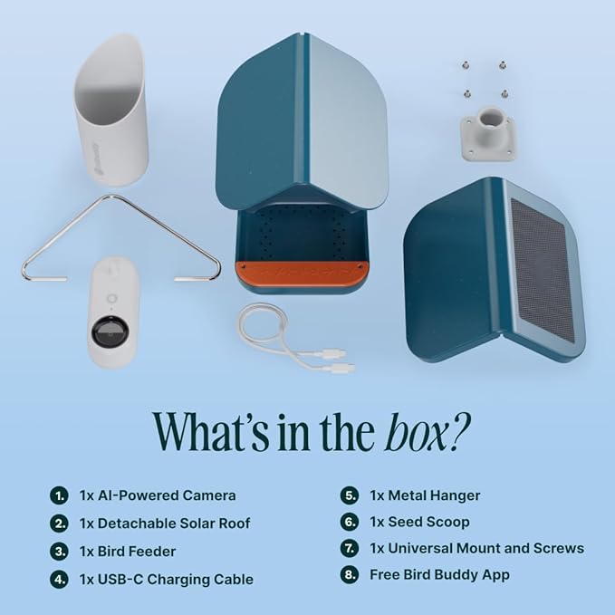 Bird Buddy Solar Smart Bird Feeder with Camera - AI Bird Species Identification, 5MP Photos, 2K HD Video Live Stream Camera, Solar-Powered Charging, 2.8in Focus - Blue