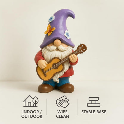 Musical Gnome Figurine with Guitar – Handcrafted Resin Garden or Shelf Decoration, 6.2" Tall Whimsical Gnome Statue with Purple Hat, Flowers & Butterfly, Gift for Music Lovers (Purple)