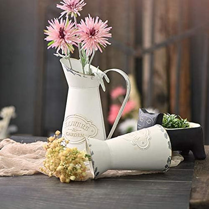 Soyizom Farmhouse White Metal Jugs for Shabby Chic Kitchen Decor, Tall Pitchers for Flowers, Rustic Bathroom Vases - Large, 11 H