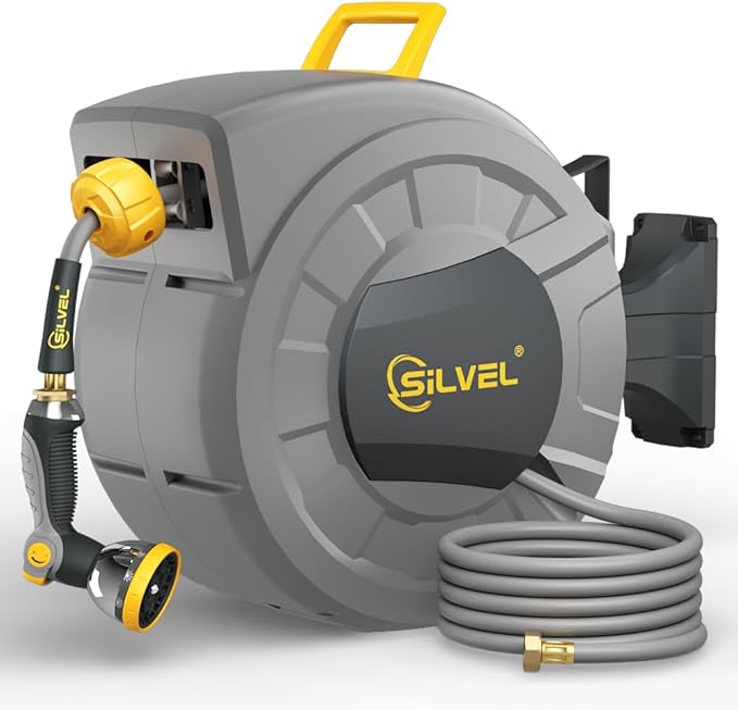 SILVEL 1/2 in x 110 FT Retractable Garden Hose Reel, UV Resistant Heavy Duty Automatic Hose Reel Wall Mount with 10 Pattern Nozzle, Any Length Lock & Slow Return System, 180°Swivel Bracket, Yellow