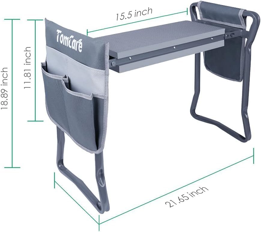 TomCare Garden Kneeler Seat Garden Bench Garden Stools Foldable Stool with Tool Bag Pouch EVA Foam Pad Outdoor Portable Kneeler Christmas Gardening Gifts for Women Men,Large 21.65"x10.62"x18.89",Grey
