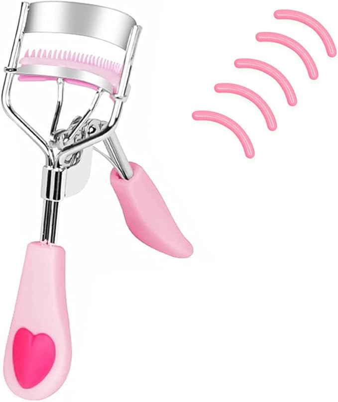 Stainless Steel Eyelash Curler with Built-in Comb Pinch Pain-Free Suitable for Any Eye Shapes and Sizes, with 5 Silicone Refill Pads (Peach Pink)