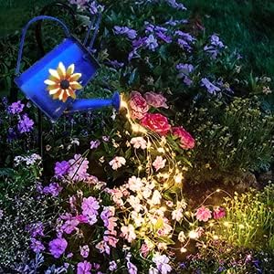 Blue Solar Watering Can with Light,Solar Powered Waterfall Lights 1 Pack 60 LED(Includes Shepherd Hook) for Garden,Yard, Path, Christmas Holiday Decoration