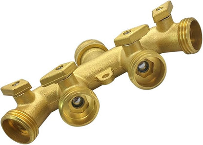 Hooshing Brass Garden Hose Splitter 4 Way 3/4" GHT Hose Connetor Spigot Adapter 4 Valves with Washers
