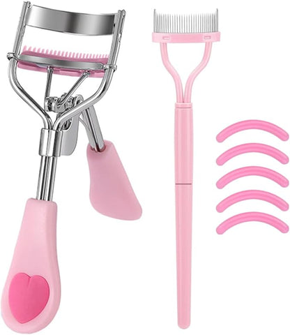 Stainless Steel Eyelash Curler with Comb and Eyelash Brush Fit Suitable for Any Eye Shapes and Sizes, with 5 Silicone Refill Pads (Light Pink Set)