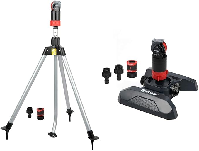 Eden 11530 Multi-Pattern Turbo Gear Drive Metal Tripod Sprinkler Plus Misting System & 94124 Multi Pattern Turbo Gear Drive Sprinkler Plus Misting System, with Quick Connect Set, 360 Degree Coverage