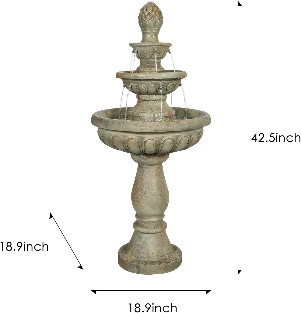 SunJet 42.5” High 3-Tiers Modern Concrete Outdoor Water Fountain - Round Large Outdoor Fountains and Waterfalls for Garden, Patio, Yard, and Deck Decor, Featuring Natural Stone Look