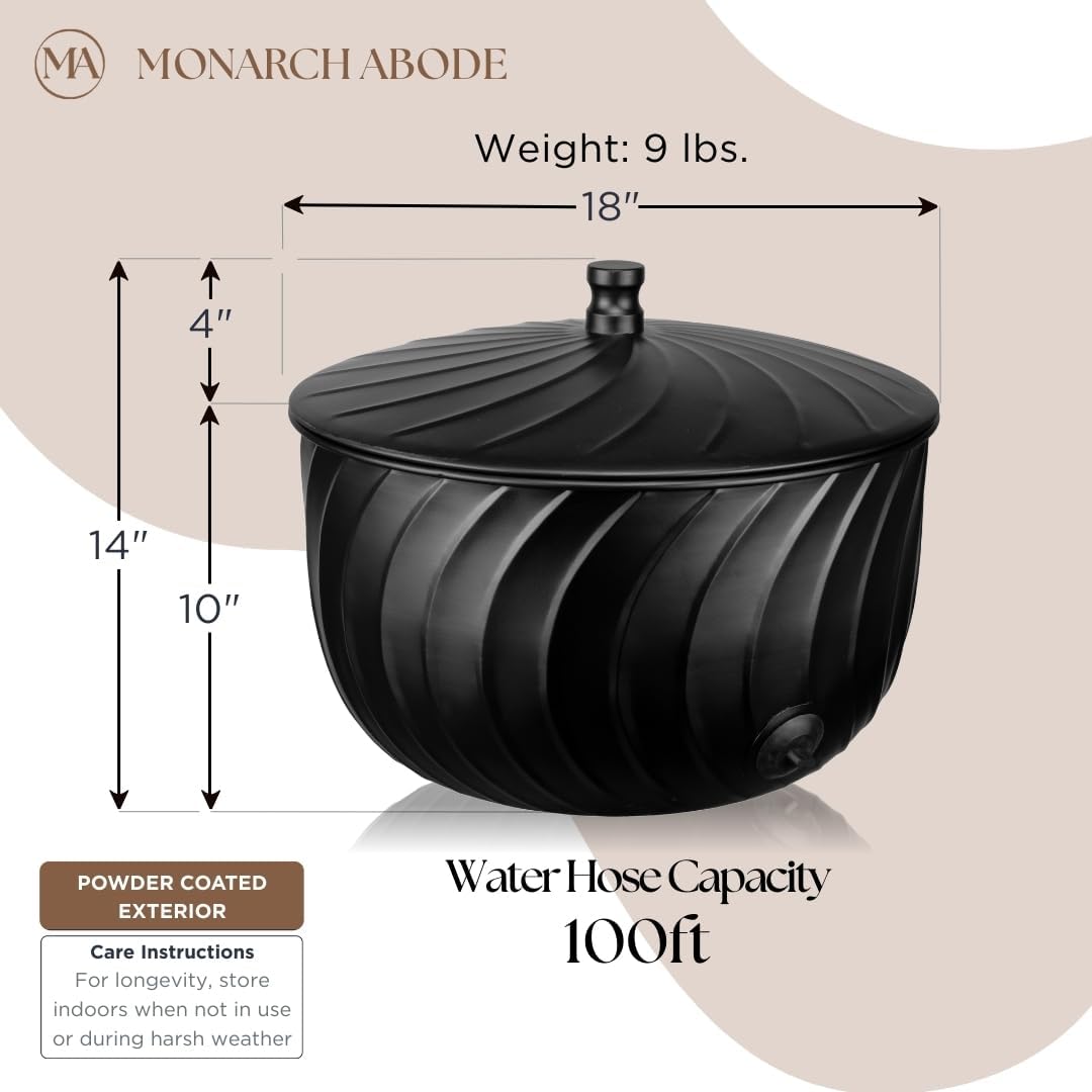 Monarch Abode Decorative Garden Hose Holder with Lid, Matte Black Storage for Outdoor Use, 100 ft Water Hose Pot for Outside, Wave Embossed Metal Pot with Drainage, Garden Storage Organizer