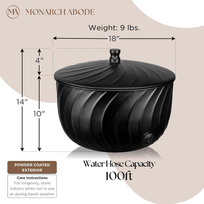 Monarch Abode Decorative Garden Hose Holder with Lid, Matte Black Storage for Outdoor Use, 100 ft Water Hose Pot for Outside, Wave Embossed Metal Pot with Drainage, Garden Storage Organizer