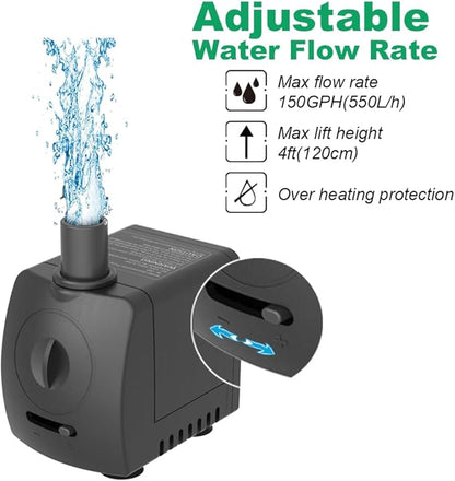 Submersible Pump 150GPH (550 L/H 9.5W) Ultra Quiet with Over Heating Protection 4ft High Lift for Fountains, Hydroponics, Ponds, Aquariums & More