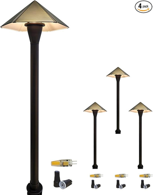 COLOER 4-Pack 12V Brass Outdoor Low Voltage Garden Path Lights for Outside(Bronze,23.2" Tall, 7.9" Shade) with 2W 2700K G4 LED Bulb(605B)