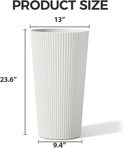 23.6" Tall Planters for Outdoor Plants,Large Outdoor Planters for Front Porch Decor with Drainage Hole, Flower Pots Fits Indoor Plants Patio/Garden, Plastic Striped White (2 Pack)