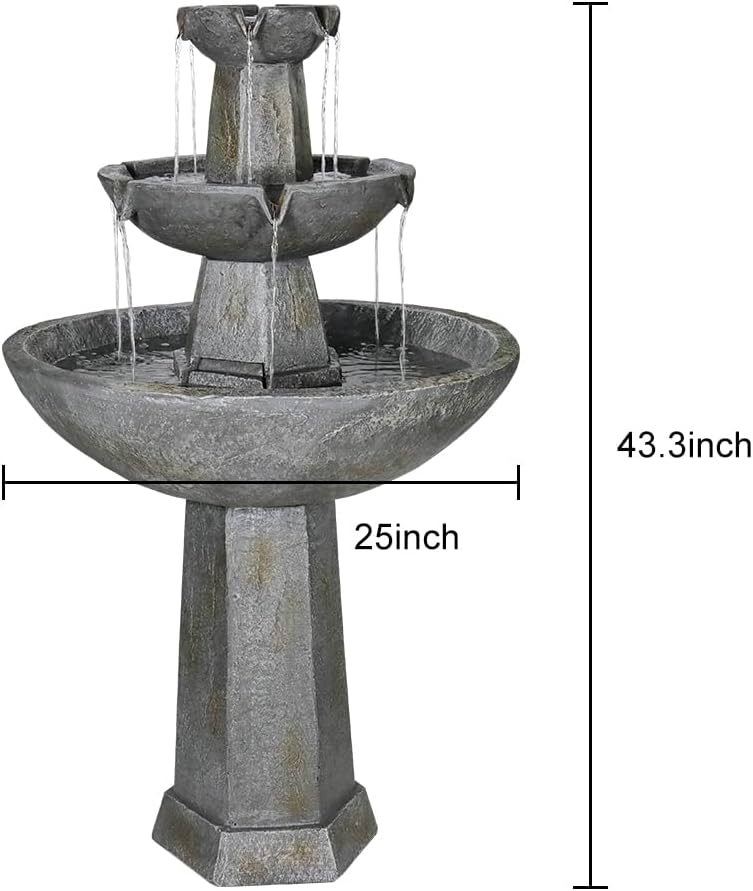 43.3” High Outdoor Water Fountain, 3-Tiers Concrete Outdoor Floor Waterfall Fountain with Pump & Splash Reduction Line for Yard Garden Patio Backyard Deck Relaxation Decor - Grey