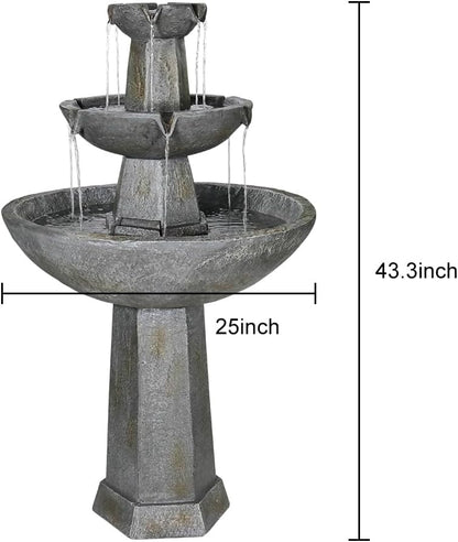 43.3” High Outdoor Water Fountain, 3-Tiers Concrete Outdoor Floor Waterfall Fountain with Pump & Splash Reduction Line for Yard Garden Patio Backyard Deck Relaxation Decor - Grey