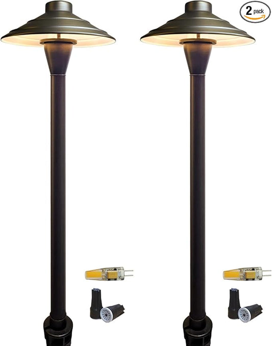 COLOER Brass Low Voltage Walkway Lights for Outside Bronze Finish 2-Pack with LED G4 Bulb,9-17V AC/DC 2W 2700K Warm White Outdoor Landscape Path Lights for Garden,Yard,Sidewalk or Driveway(601B)