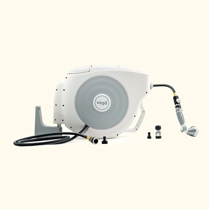 Vego Garden Hose Reel Retractable 1/2" x 100ft Wall Mounted Hose Reel Automatic Rewind, Any Length Lock with 9 Patterns Sprayer Nozzle, Quick Connector and Adjustable shot Nozzle