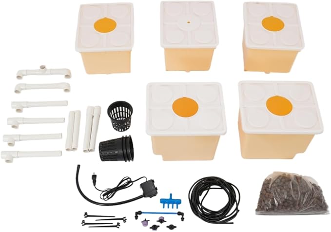 DWC Hydroponics Growing System Kit 4 Site + Reservoir, Deep Water Culture Hydroponic Bucket System with Submerged Pump
