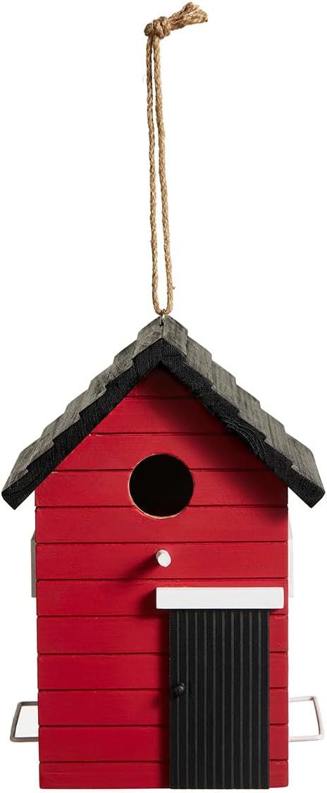 Glitzhome Hanging Bird House for Outside,10.25" H Modern Hand Painted Wooden Bird Houses for Outdoors, Functional and Decorative Bluebird Birdhouses Outdoor Garden Birdhouse, Red