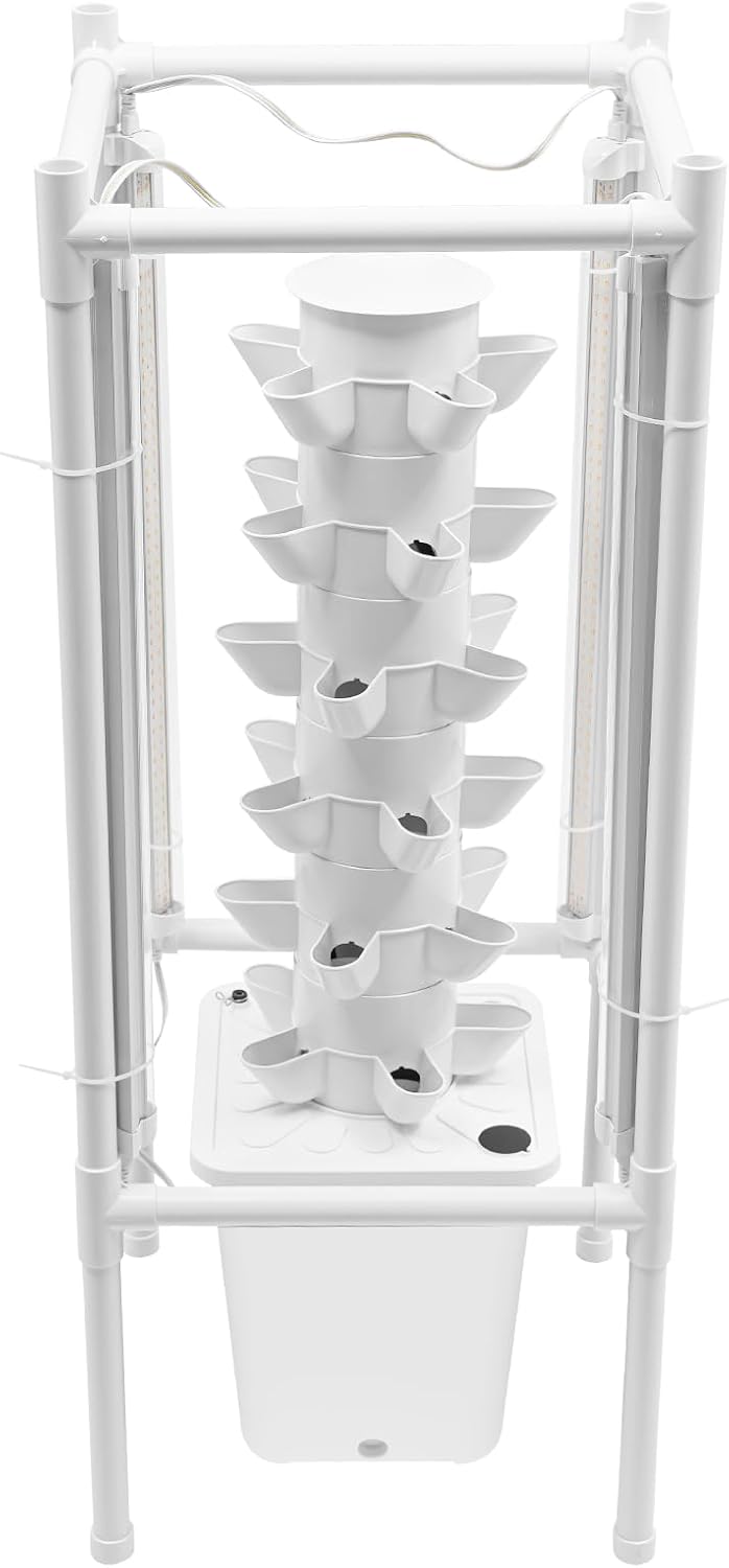 Hydroponic Tower Growing System Kits with LED Grow Lights 30 Pods Indoor Vertical Planter Germination Kit 6 Layers Hydroponic Tower for Fruits, Vegetables, Herbs, and Miniature Greens (White)