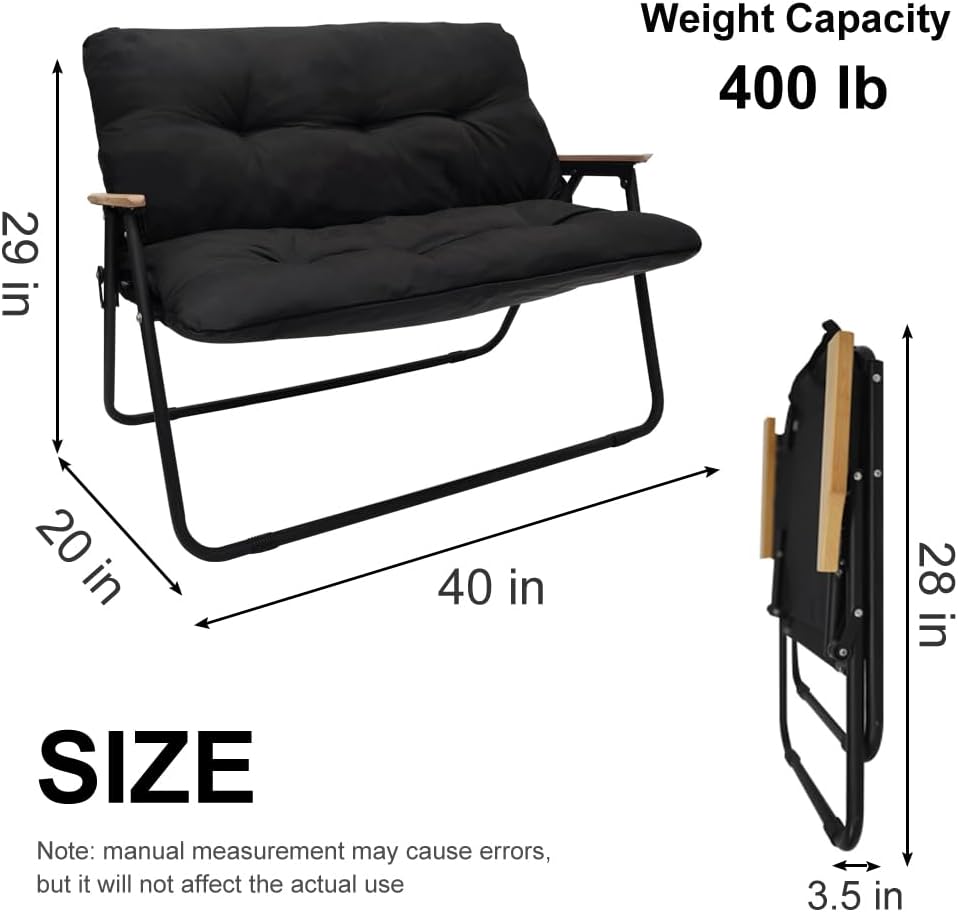 Loveseat Camping Chair for Adults Heavy with Seat Cushion Duty Double Seat Camp Chair for 2 Person Suit for Indoor Outdoor Hiking Patio Beach (Black)