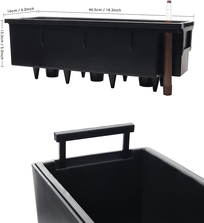 GardenBasix Self Watering Planter Pots 7.5 x 20 inch Indoor Outdoor Home Garden Herb Flower Pot for Hanging Railing Balcony Tabletop (Black,7.5''x 20'')