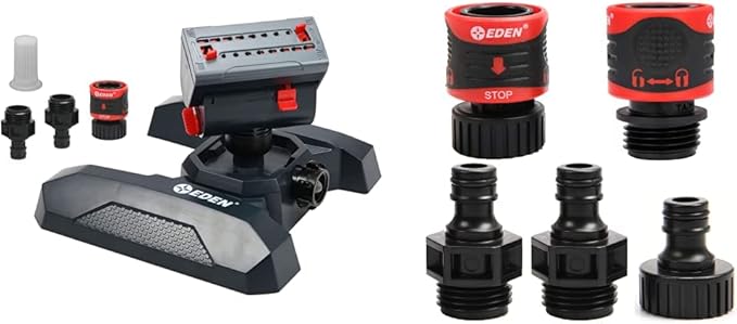 Eden 95124 Adjustable 4-Way Mini Turbo Oscillating Sprinkler W/Quick Connect Starter Set, Covers up to 4,069 sq. ft. Heavy Weight Base & 95210 Premium Garden Hose Fitting Quick Connect, 5 pc Set