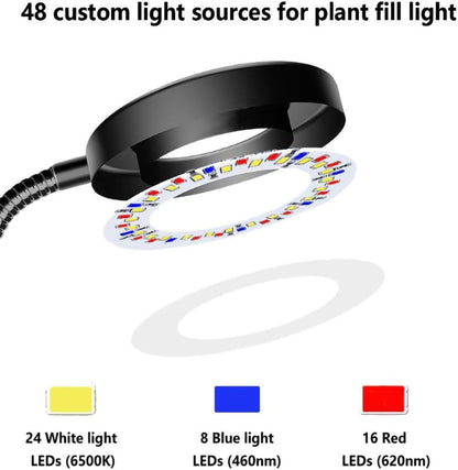 Plant Grow Light, 48 LEDs Full Spectrum Grow Lights for Indoor Plants, Height Adjustable Small Halo Grow Light with Clip, 3 Spectral Modes, Auto Timer 3/9/12Hrs, 10 Levels Brightness,Black
