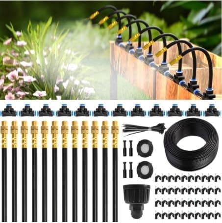 Mixc 50Ft 1/4" Drip Irrigation System,Garden Irrigation Kit with 12pcs Adjustable Copper Nozzles,Automatic Watering System for Outdoor,Raised Bed,Potted Plant,Lawn,Greenhouse Accessories for Yard