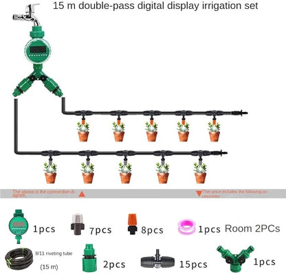 (10-20Meters Watering Timer Set) Drip Irrigation Set DIY Garden Automatic Watering Watering Device Garden Greening Automatic Irrigation System (15M+Digital Timer)